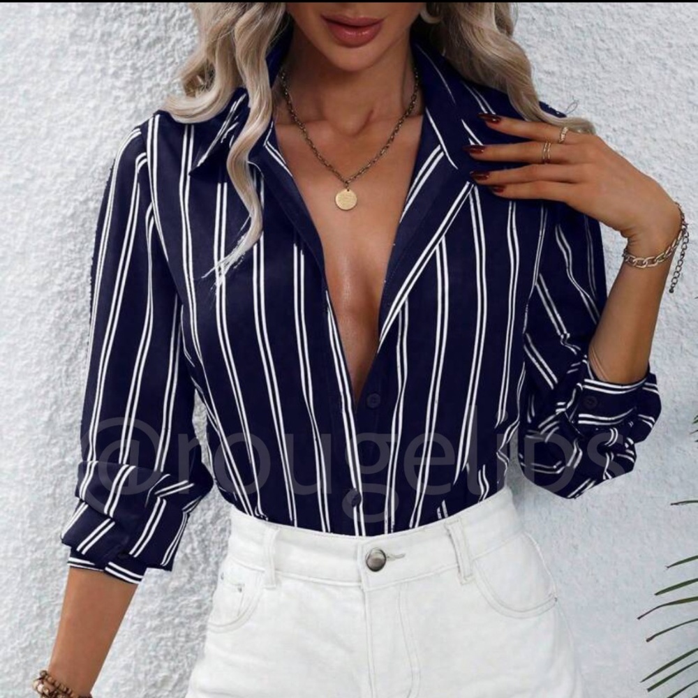 Navy Blue White Striped Shirt Button Up / Down Long Sleeve, Collar